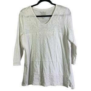 CHICO'S White Cotton Floral Embroidered V-Neck‎ 3/4 Sleeve Top Size Medium